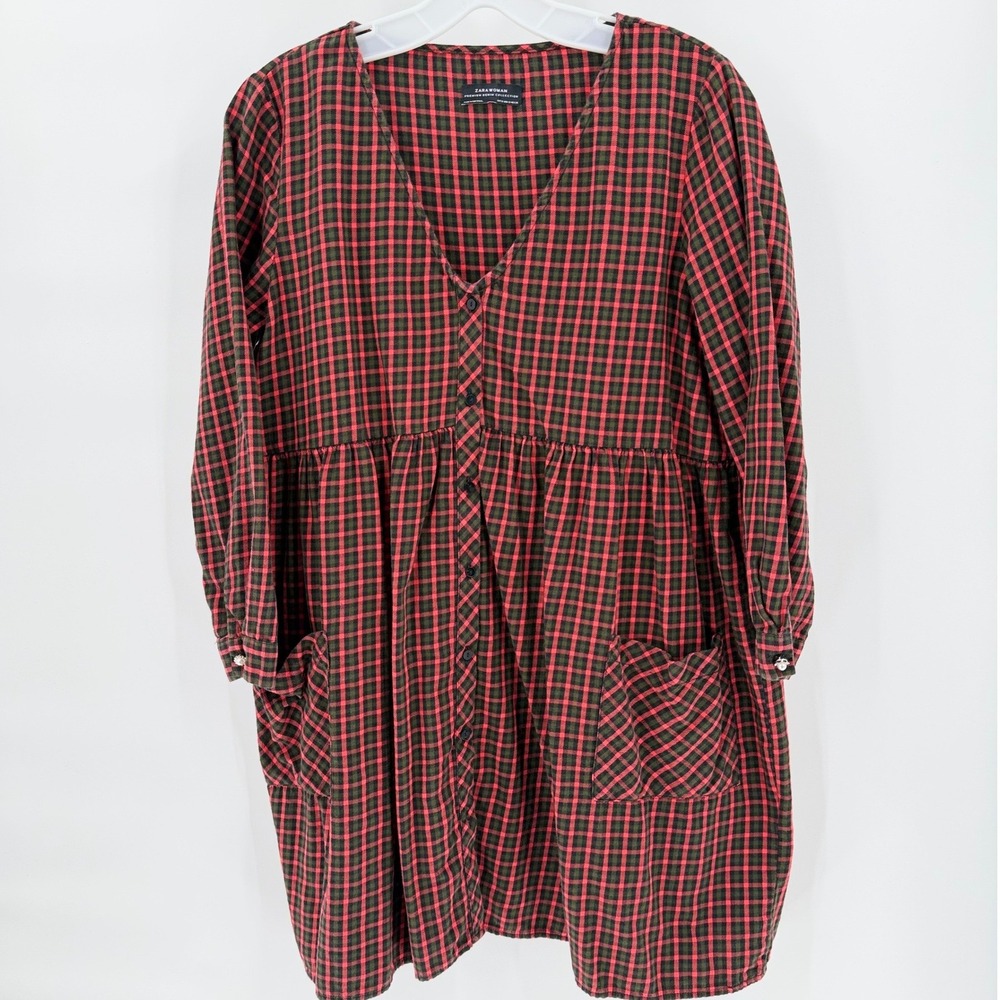 ZARA Woman Plaid Babydoll Dress Red Green Cotton Button Front Size Small